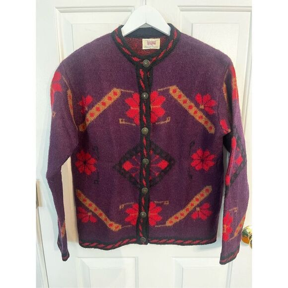 Sisley Italian Knit Plum Floral Tribal Print Cardigan Sweater Sz M EUC - Picture 1 of 7